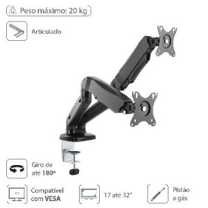 Suporte Articulado Para 2 Monitores De 17 A 32" C/ Pistão A Gás - Sm-341b