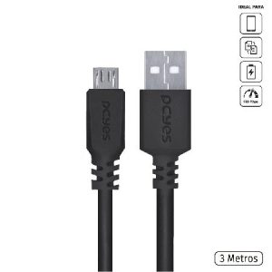 Cabo Micro Usb Para Usb A 2.0 - Preto - 3 Metros - Pmuap-3